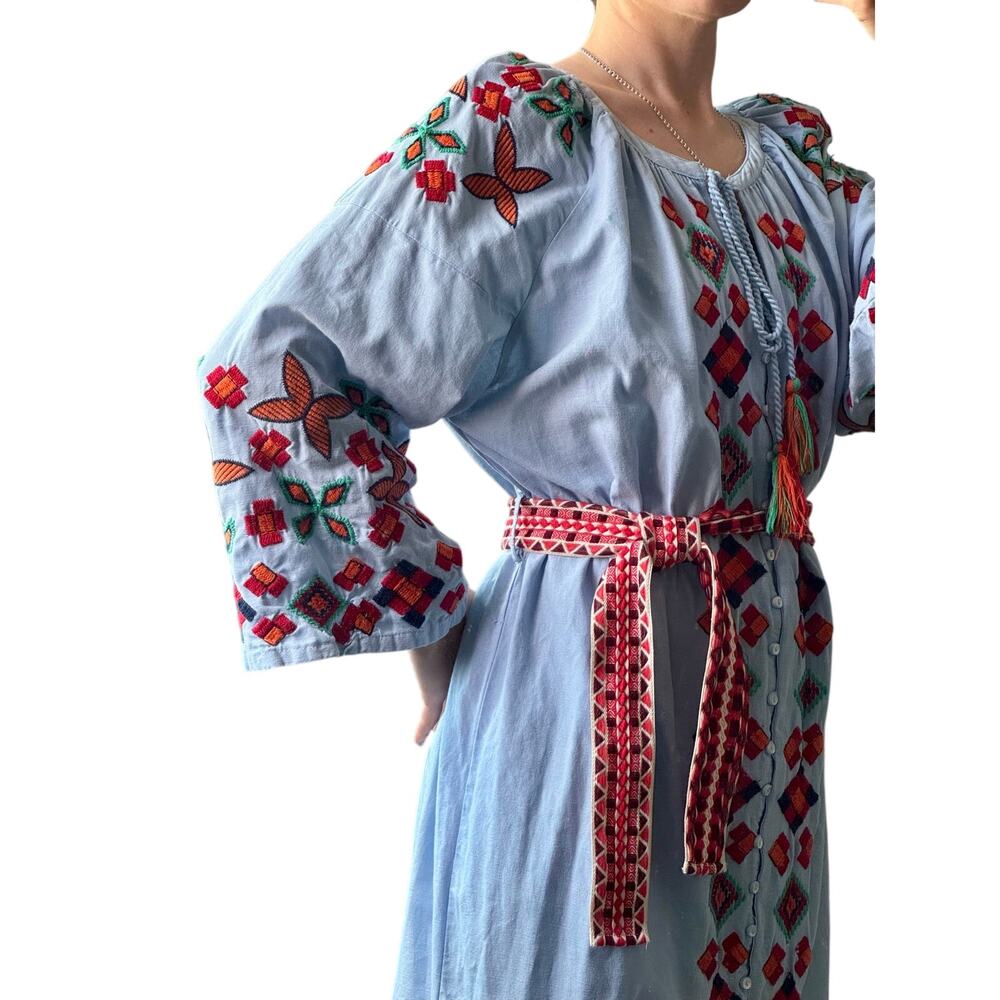 Zara TRF Embroidered Folk Dress Boho Peasant Cottagecore Midi Belted L - Picture 2 of 15